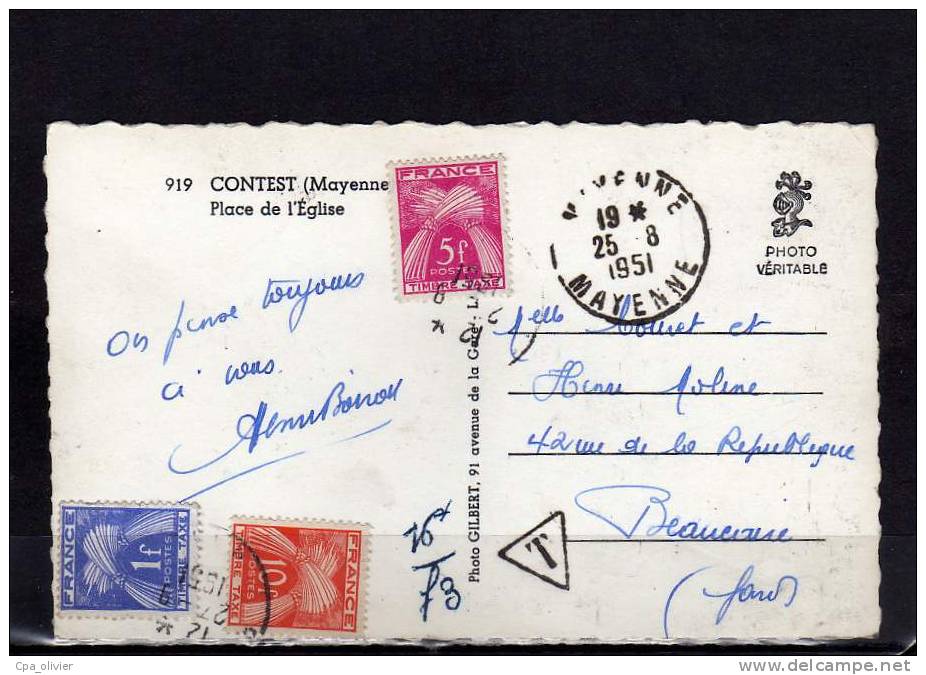 53 CONTEST (envs Mayenne) Place De L'Eglise, Café Fraudin, Carte Taxée, Ed Gilbert 919, CPSM 9x14, 1951 - Autres & Non Classés