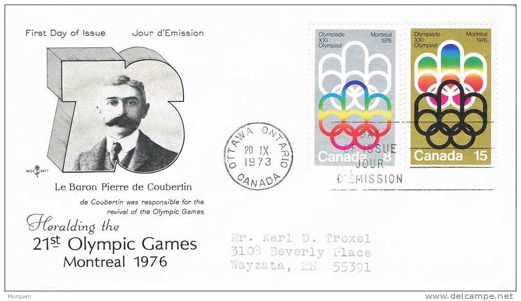 F.D.C. Ottawa (Canada) 1973.  Pierre De Coubertin. Olimpic Games - 1971-1980