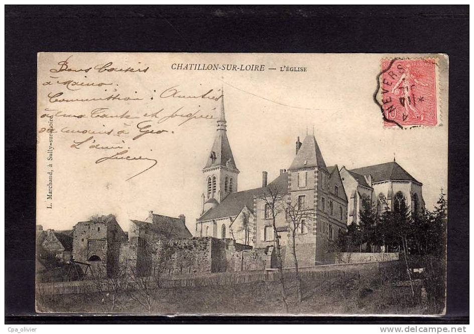 45 CHATILLON SUR LOIRE Eglise, Ruines Du Chateau, Cachet Ambulant Montargis à Nevers, Ed Marchand, 1904, Dos 1900 - Chatillon Sur Loire
