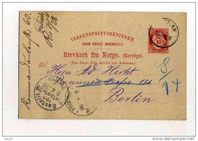 - NORVEGE . ENTIER  POSTAL SUR CP DE 1898  POUR L´ALLEMAGNE - Postal Stationery