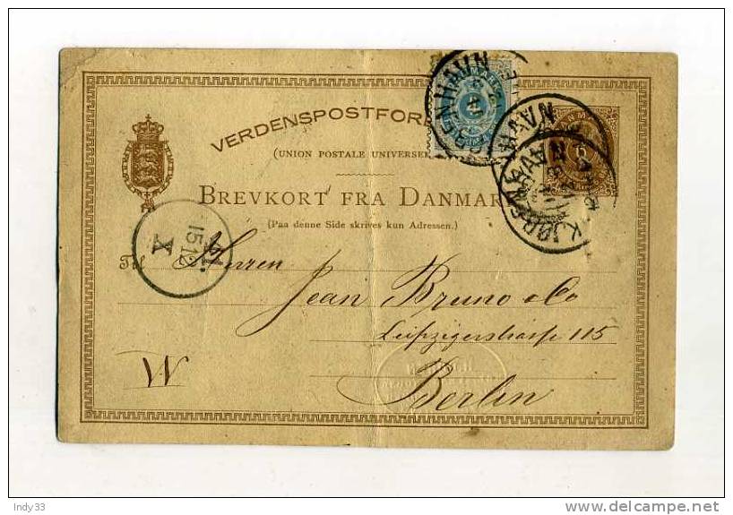 - DANEMARK . AFFRANCHISSEMENT COMPOSE AVEC ENTIER   SUR CP DE 1883   POUR L´ALLEMAGNE - Postal Stationery