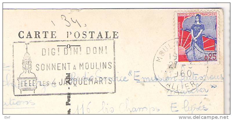 Flamme "DIG !DIN ! DON! SONNENT A MOULINS LES 4 JACQUEMARTS"(Allier)sur CPA De Beziers(Canal Du Midi, 9 Ecluses)1960; TB - Horlogerie