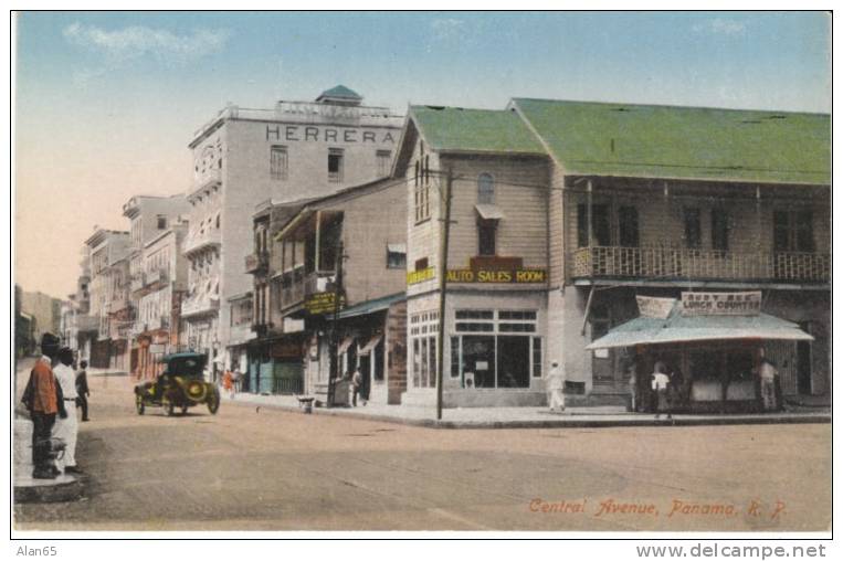 Panama, Central Avenue Street Scene, Auto Sales Showroom And Busy Bee Lunch Counter Kiosk On C1910s Vintage Postcard - Panama