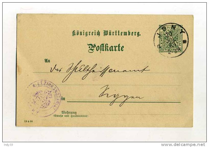 - ALLEMAGNE WURTEMBERG . ENTIER SUR CP DE 1903 - Postal  Stationery