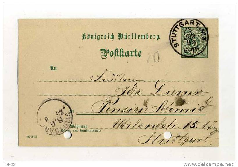 - ALLEMAGNE WURTEMBERG . ENTIER SUR CP DE 1895 POUR STUTTGART . - Entiers Postaux