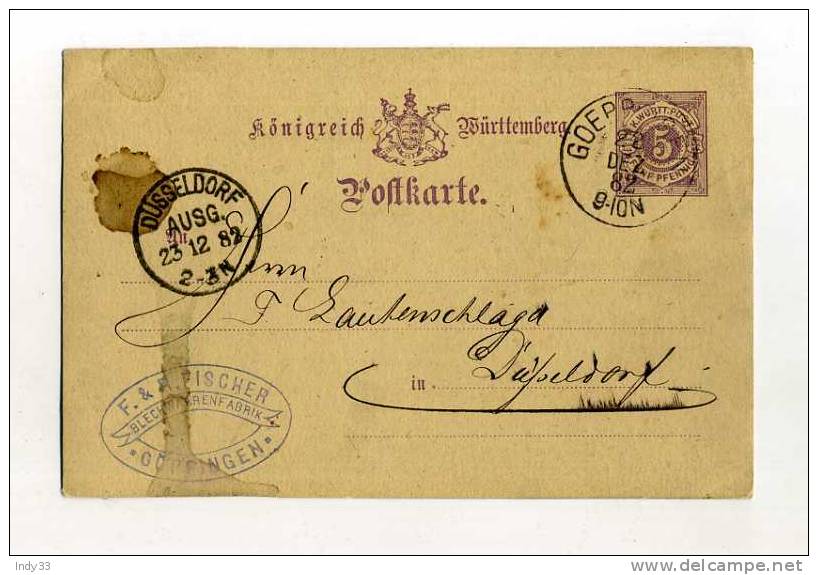 - ALLEMAGNE  WURTEMBERG . ENTIER POSTAL SUR CP DE 1882 - Altri & Non Classificati