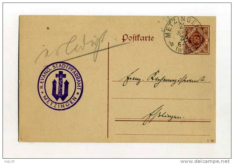 - ALLEMAGNE  WURTEMBERG . ENTIER POSTAL DE SERVICE SUR CP DE 1924 - Autres & Non Classés