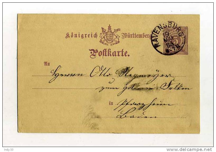 - ALLEMAGNE  WURTEMBERG . ENTIER POSTAL SUR CP DE 1885 - Altri & Non Classificati