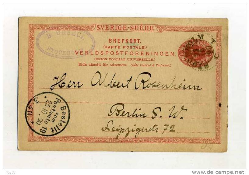 - SUEDE .  ENTIER POSTAL SUR CP DE 1890 POUR L´ALLEMAGNE - Postal Stationery