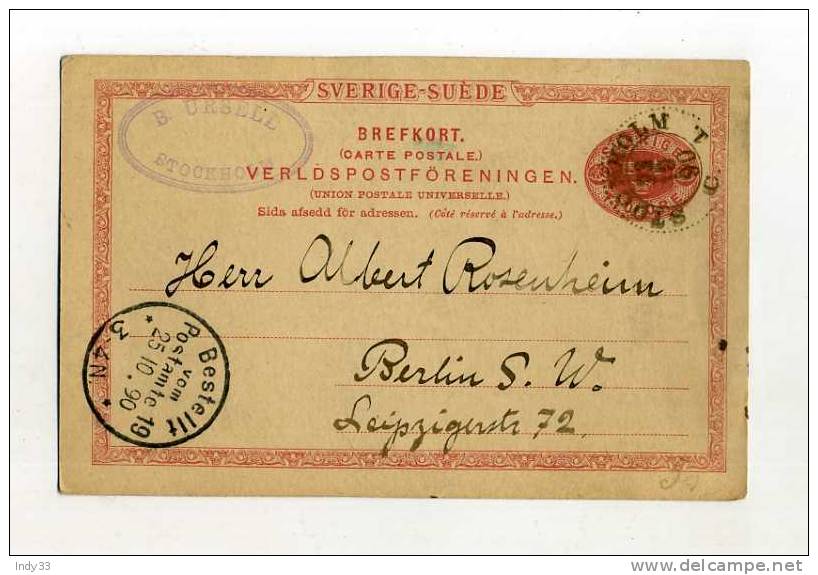 - SUEDE .  ENTIER POSTAL SUR CP DE 1890 POUR L´ALLEMAGNE - Ganzsachen