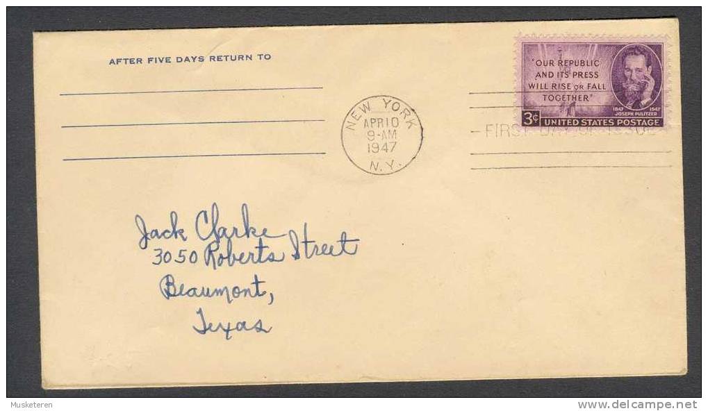 United States FDC Cover 1947 Joseph Pulitzer Statue Of Liberty - 1941-1950