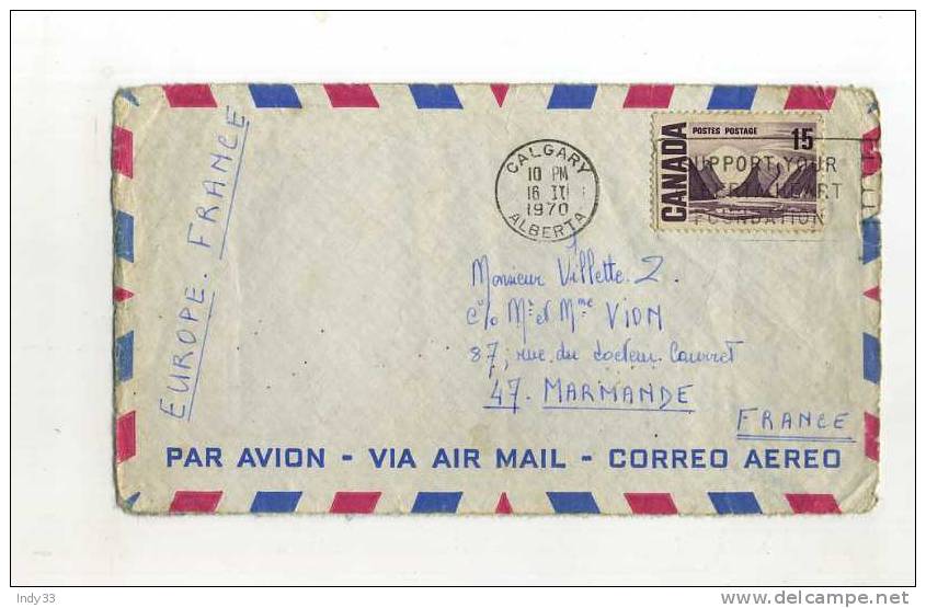 - CANADA . DEVANT D´ENVELOPPE POSTE AERIENNE DE 1970 POUR LA FRANCE - Airmail