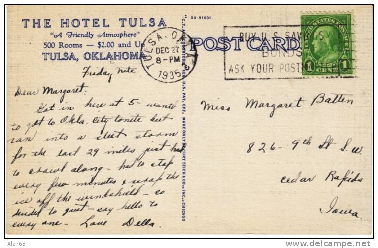 Hotel Tulsa, Tulsa OK Oklahoma, Art Deco Theme On C1935 Vintage Curteich Linen Postcard - Tulsa