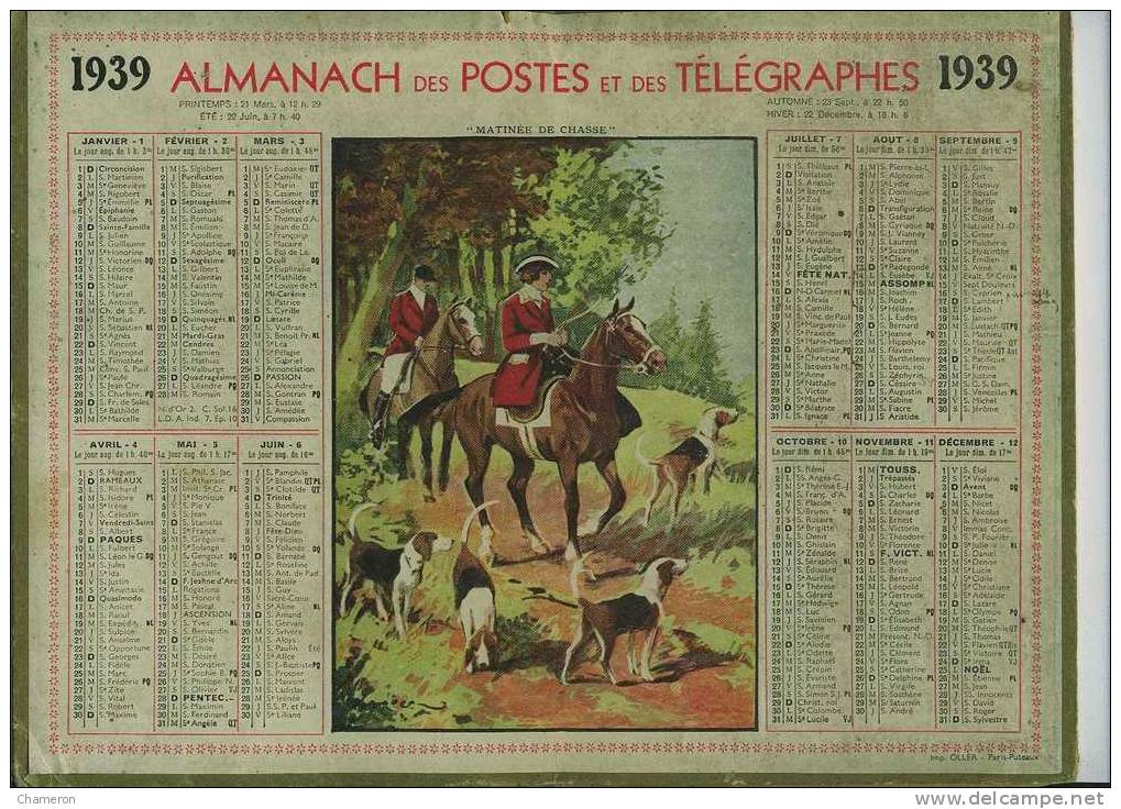 1939 - Almanach Des PTT : "Matinée De Chasse "  Très Animé, Cavaliers (1 Homme & 1 Femme) Et Chiens" BE. - Formato Grande : 1921-40