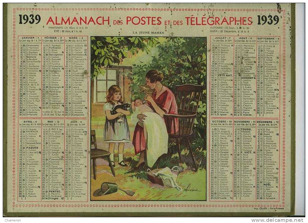 1939 - Almanach Des PTT : "La Jeune Maman" Nourrissant Son Bébé Avec Sa Petite Fille Et Un Chat - Big : 1921-40