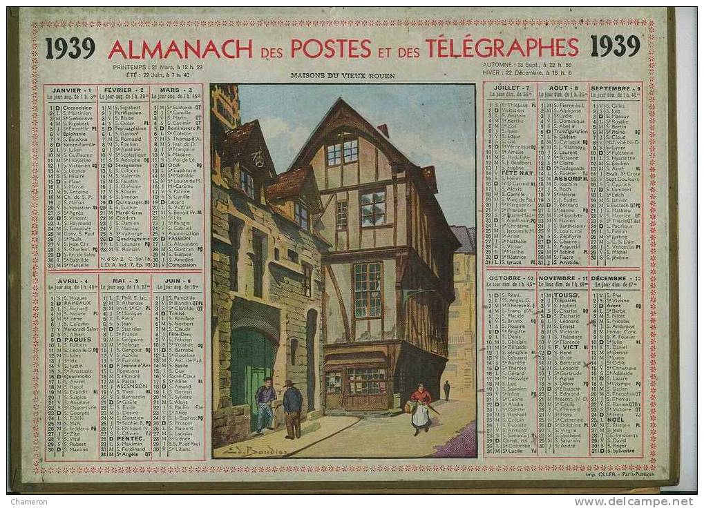 1939 - Almanach Des PTT : "Maison Du Vieux Rouen" Animé. Maison à Colombages. Signé Boudier.TB - Formato Grande : 1921-40