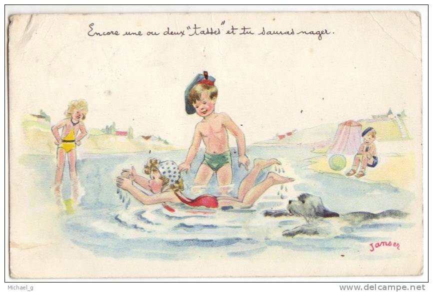 CPSM Illustateur JANSER - Encore Une Ou Deux Tasses Et Tu Sauras Nager - Plage, Baignade, Enfants, Chien - Janser