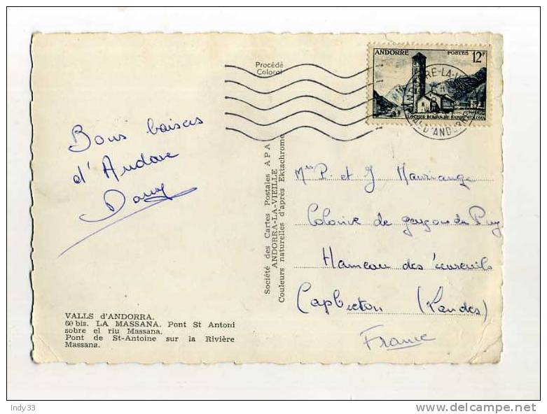 - ANDORRE FRANCAIS 1940/59 . AFFRANCHISSEMENT SIMPLE SUR CP DE 1957  POUR LA FRANCE - Covers & Documents