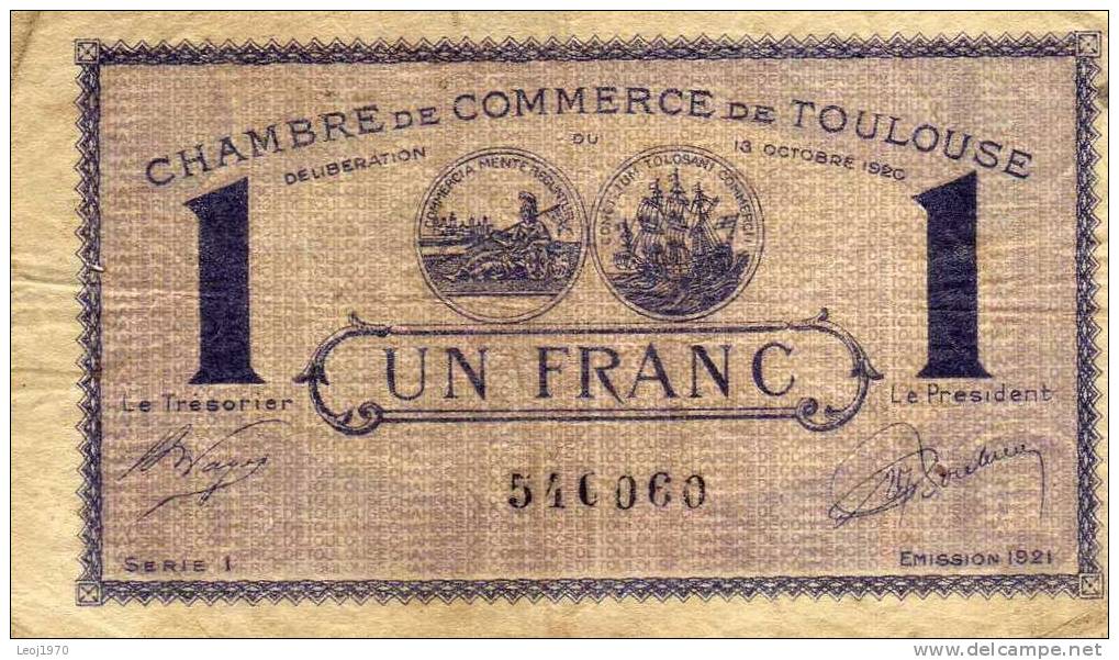 MIDI-PYRENEES Chambre De Commerce De TOULOUSE  UN FRANC 1920 - Cámara De Comercio