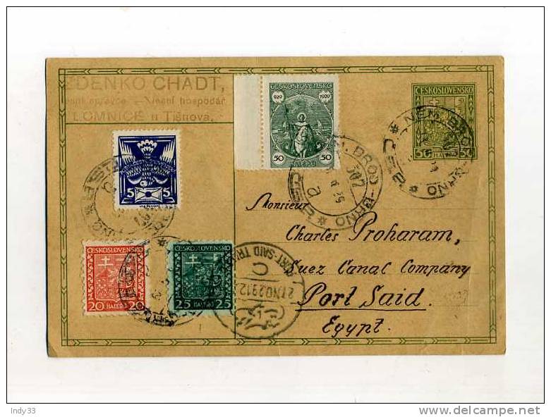 - TCHECOSLOVAQUIE 1918/39 . AFFRANCHISSEMENT COMPOSE AVEC ENTIER SUR CP DE 1929 POUR L´EGYPTE - Storia Postale