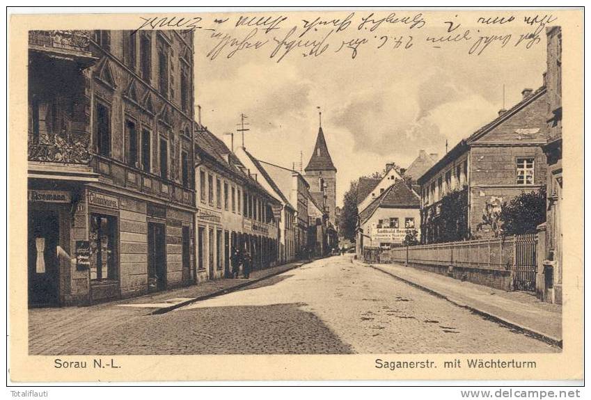 Sorau Sagan Erstraße Mit Wächterturm Belebt Colonialwaren Eiseman Automobile 19.7.1927 Gelaufen - Neumark