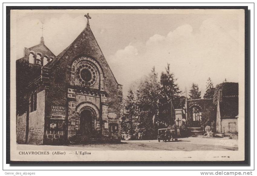 03 CHAVROCHES, L'Eglise, Tacot, Publicité Société Générale Sur La Façade De L'église, CPA Ed Combier - Autres & Non Classés