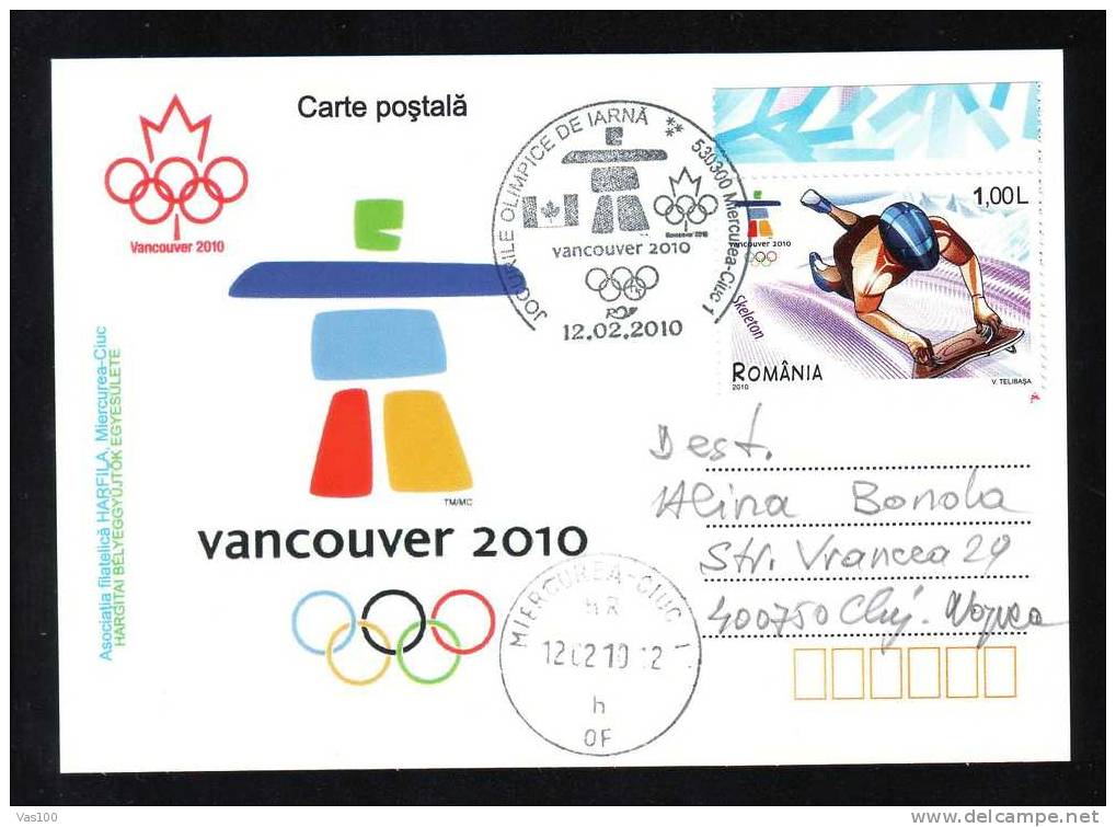 Jeux Olimpiques Vancouver 2010  ,stamps Obliteration Concordante On Card - Romania. - Hiver 2010: Vancouver