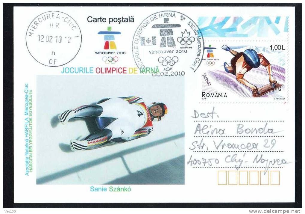 Jeux Olimpiques Vancouver 2010  SANIE ,stamps Obliteration Concordante On Card - Romania. - Hiver 2010: Vancouver