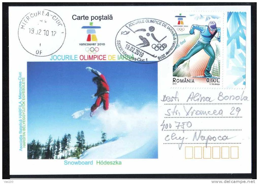 Jeux Olimpiques Vancouver 2010  SNOWBOARD,stamps Obliteration Concordante On Card - Romania. - Winter 2010: Vancouver