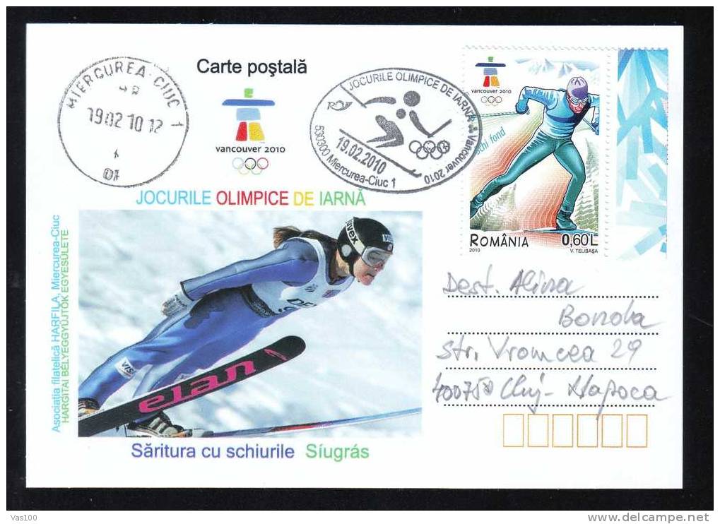 Jeux Olimpiques Vancouver 2010  SKI SARITURI,stamps Obliteration Concordante On Card - Romania. - Hiver 2010: Vancouver