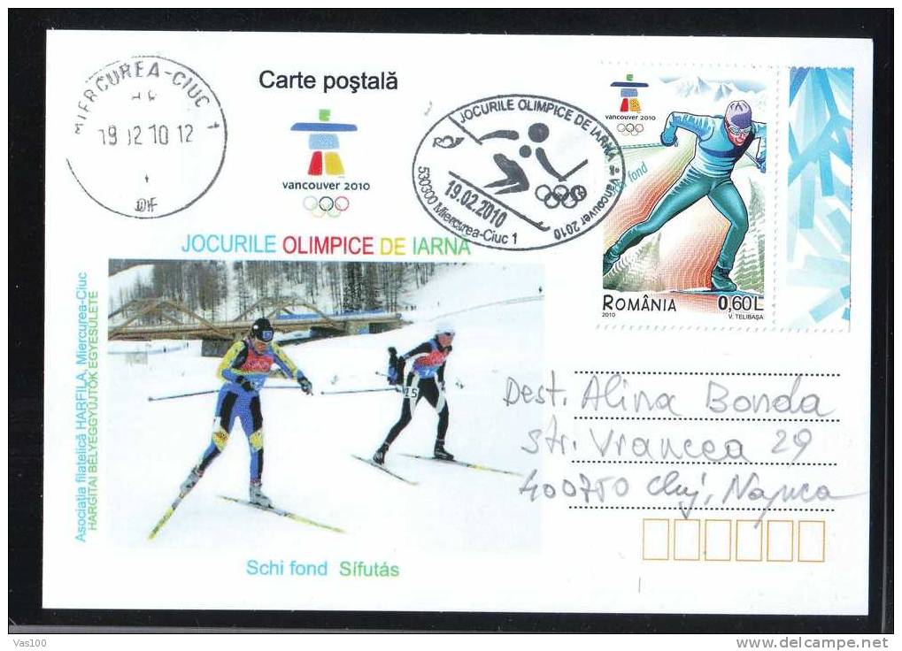 Jeux Olimpiques Vancouver 2010 SKI ,stamps Obliteration Concordante On Card - Romania. - Winter 2010: Vancouver