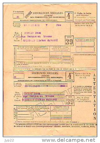 4° Trim 1939 Feuillet Trimestriel De Cotisations Assurances Sociales Professions Non Agricoles Cornic Grâces Guingamp - Banque & Assurance