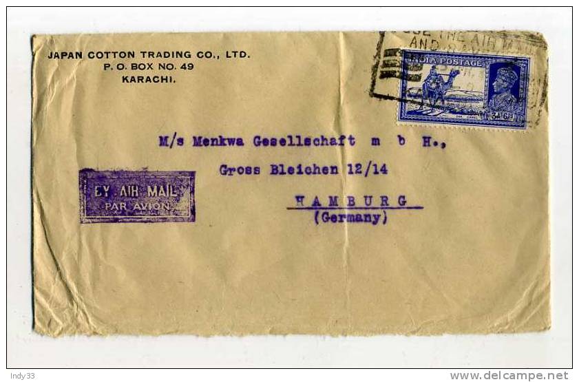 - INDE ANGLAISE . GEORGE VI . AFFRANCHISSEMENT  SUR ENVELOPPE POUR L´ALLEMAGNE . TIMBRES COLLES AU DOS - 1936-47 Koning George VI