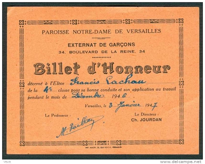 BILLET D´HONNEUR (Décembre 1946) : Paroisse Notre-Dame De Versailles (Yvelines) Externat De Garçons, Bd De La Reine... - Diplomas Y Calificaciones Escolares