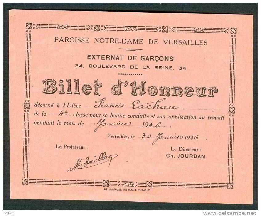 BILLET D´HONNEUR (Janvier 1946) : Paroisse Notre-Dame De Versailles (Yvelines) Externat De Garçons, Bd De La Reine... - Diploma & School Reports