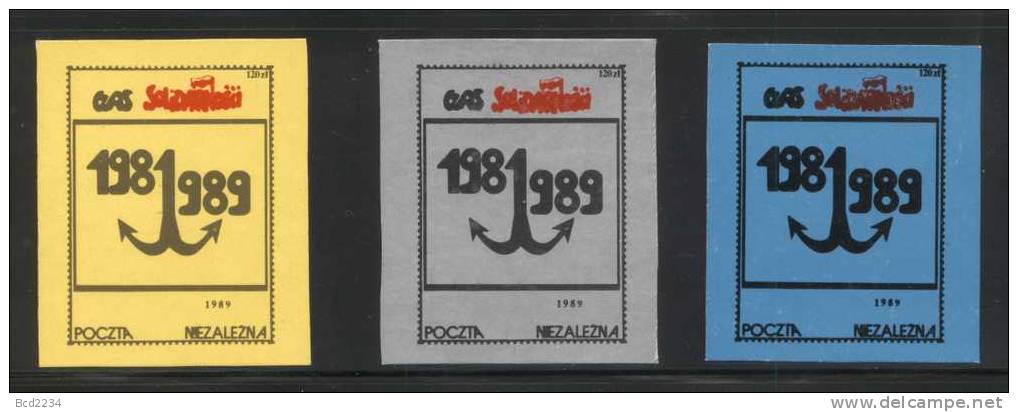 POLAND SOLIDARITY SOLIDARNOSC (POCZTA NIEZALEZNA) 1989 198 ANCHOR UNDERGROUND SYMBOL 989 SET OF 3 GUMME (SOLID0271/0533) - Solidarnosc Labels