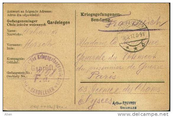 Krijgsgevangenenkaart GARDELEGEN 1917 Naar Parijs Met Kampcensuur. - Prisoners