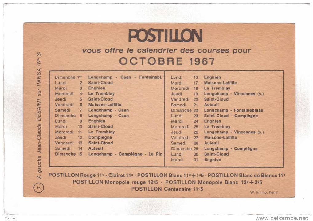 Vins Du Postillon      Calendrier Des Courses Octobre 1967      N° 7 - Sport