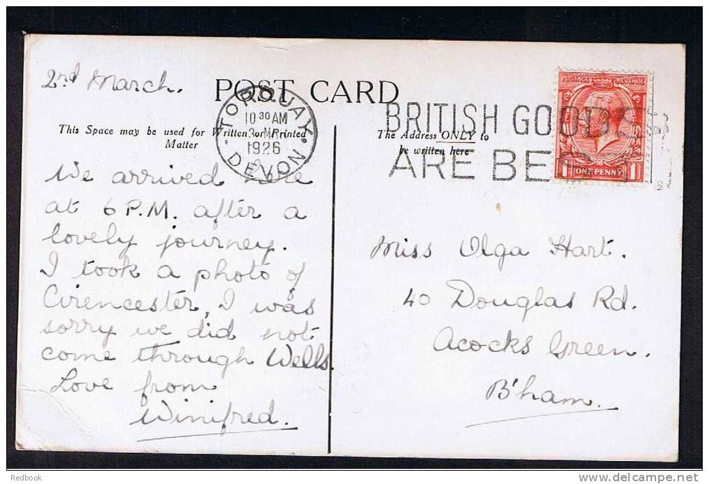 1926 Postcard Imperial Hotel Torquay Manager Chas. W. Hore Devon "British Good Are Best" Slogan Postmark- Ref 524 - Torquay