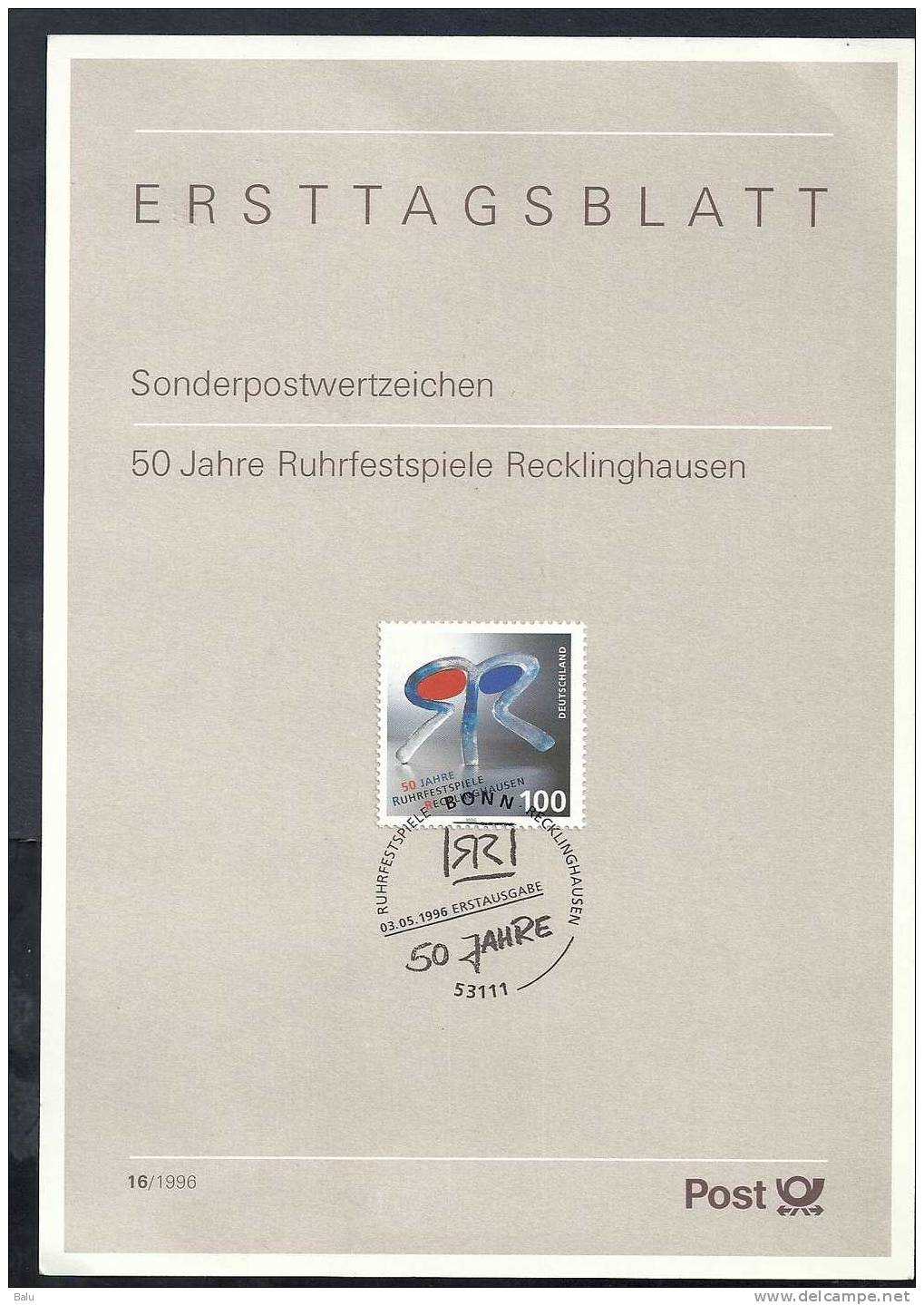 Deutschland 1996 Ersttagsblatt 16 50 Jahre Ruhrfestspiele Recklinghausen Michel Nr. 1859 - Sonstige & Ohne Zuordnung