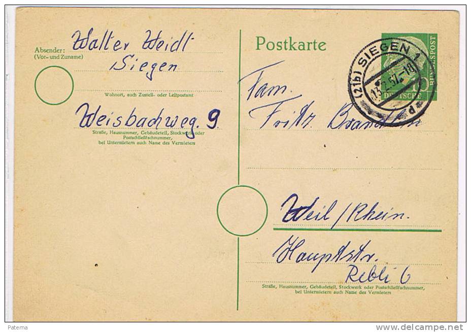 1000 - Entero Postal,SIEGEN 1957, (Alemania) Entier Postal. - Brieven En Documenten