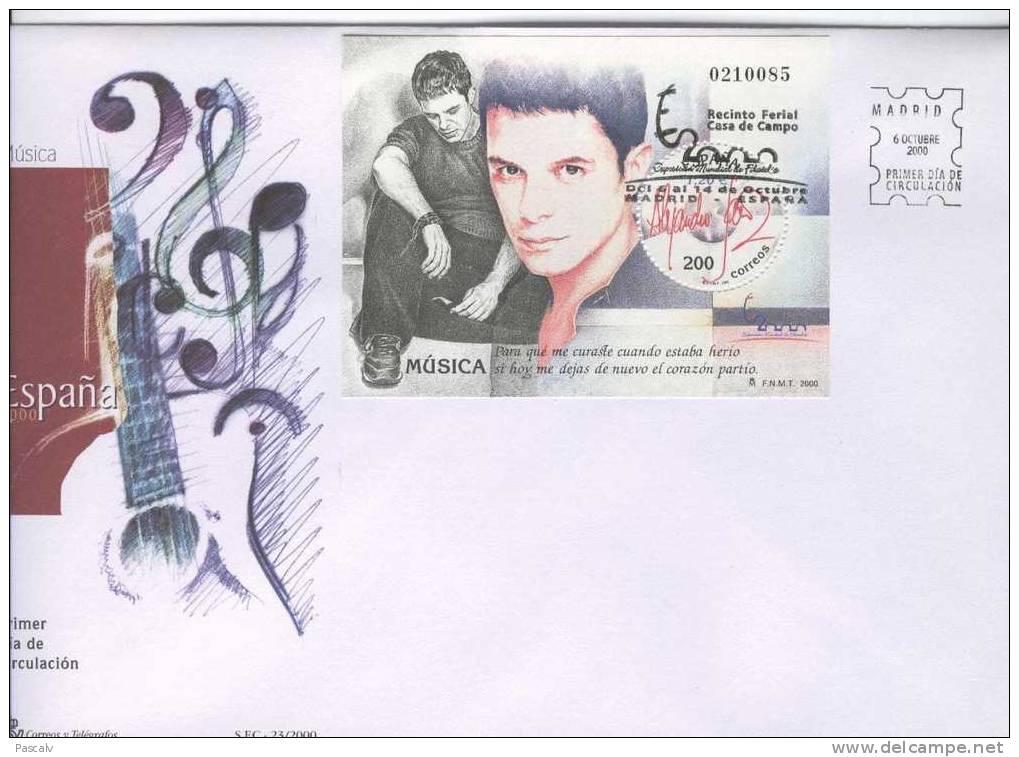 Espagne Sur FDC Chanteur Alejandro Sanz Guitare Note - Chanteurs