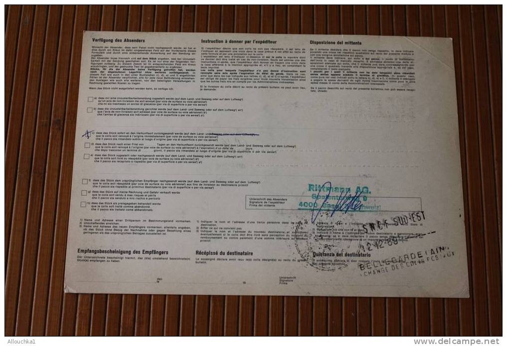 BASEL   SUISSE SCHWEIZ VIGNETTE--S.N.C.F. SUD EST PAKETKARTE PARCEL POST COLIS POSTAUX DISPATCH NOTE DOUANE ZOLL DOGANA - Lettres & Documents