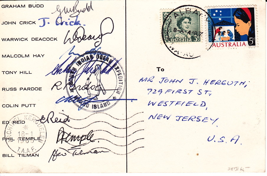 1964-5 South Indian Ocean Expedition  Postcard To USA  Signed By All Members Of Expedition  Penguin Cachet - Sonstige & Ohne Zuordnung