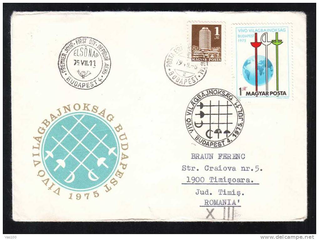 Escrime Scrima Fencing FDC 1975 Hungary Sent To Romania. - Fencing