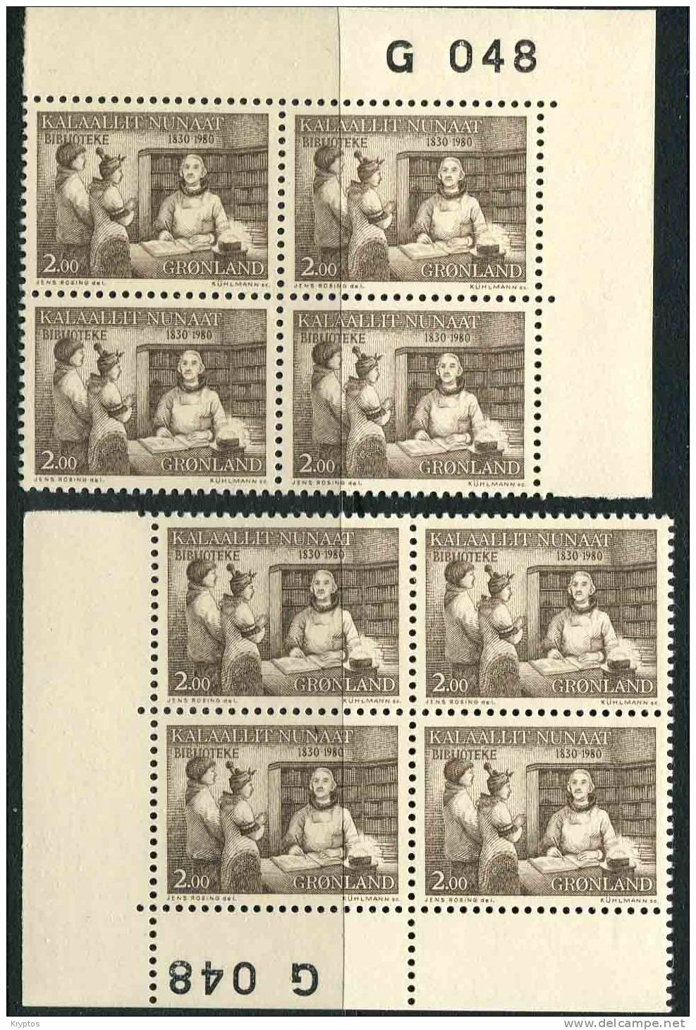 Greenland 1980 - Library - 2 Blocks Of 4 (marginal Blocks) - Blocks & Sheetlets