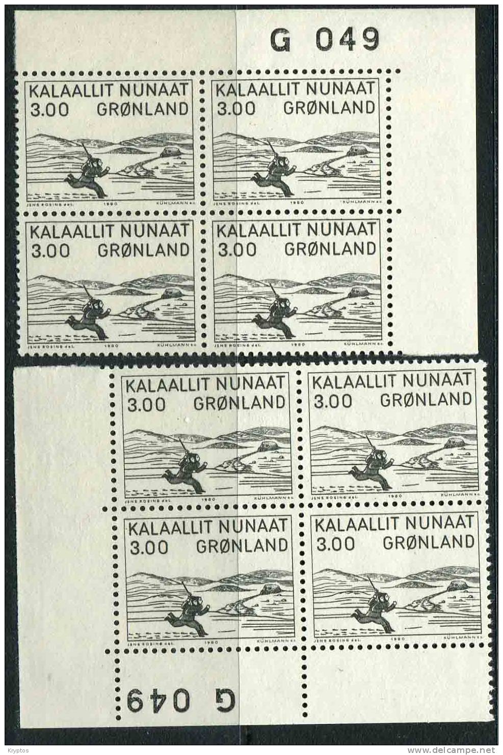 Greenland 1980 - Woodcut Of Aron - 2 Blocks Of 4 (marginal Blocks) - Blocks & Sheetlets