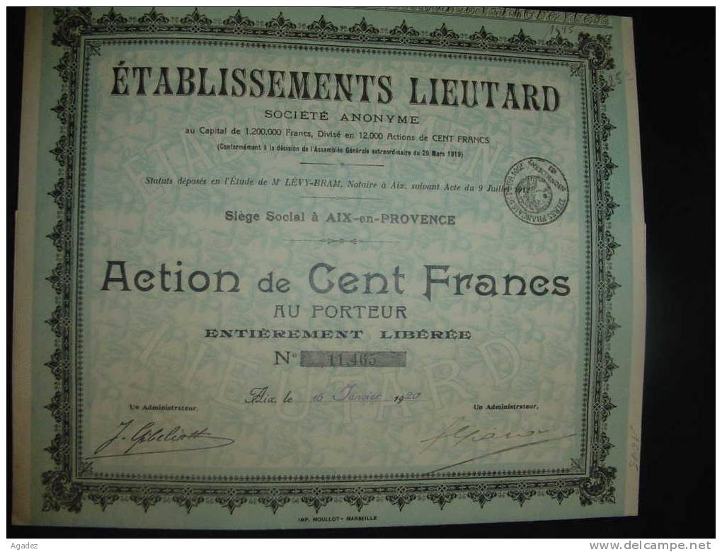 Action " Et.Lieutard " Aix En Provence 1920 Sirop De Fruits Alimentation Très Bon état.. - Industrie