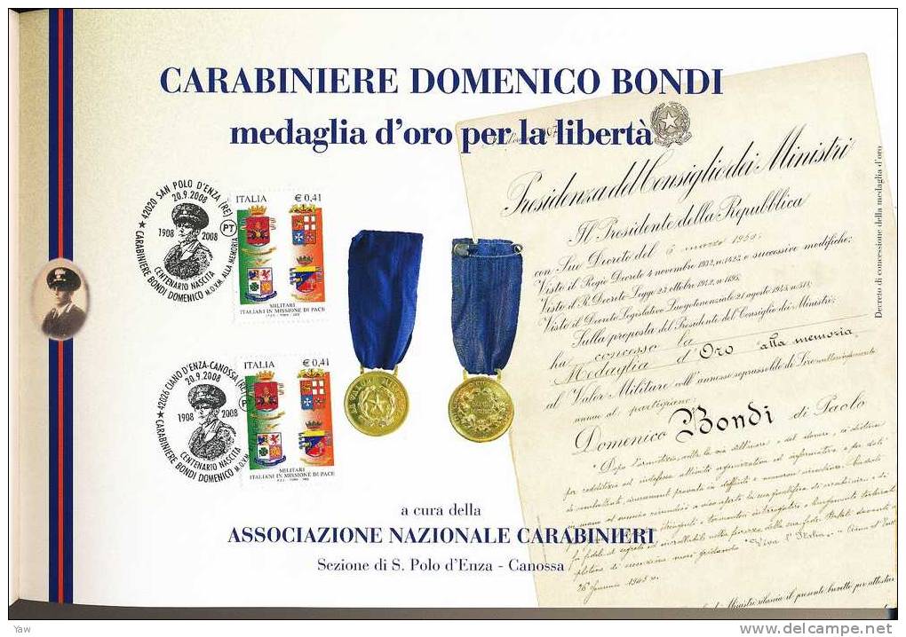 ITALIA 2008  CARABINIERE DOMENICO BONDI MOVM. ANNULLI SAN POLO E CIANO D'ENZA RE - History, Biography, Philosophy