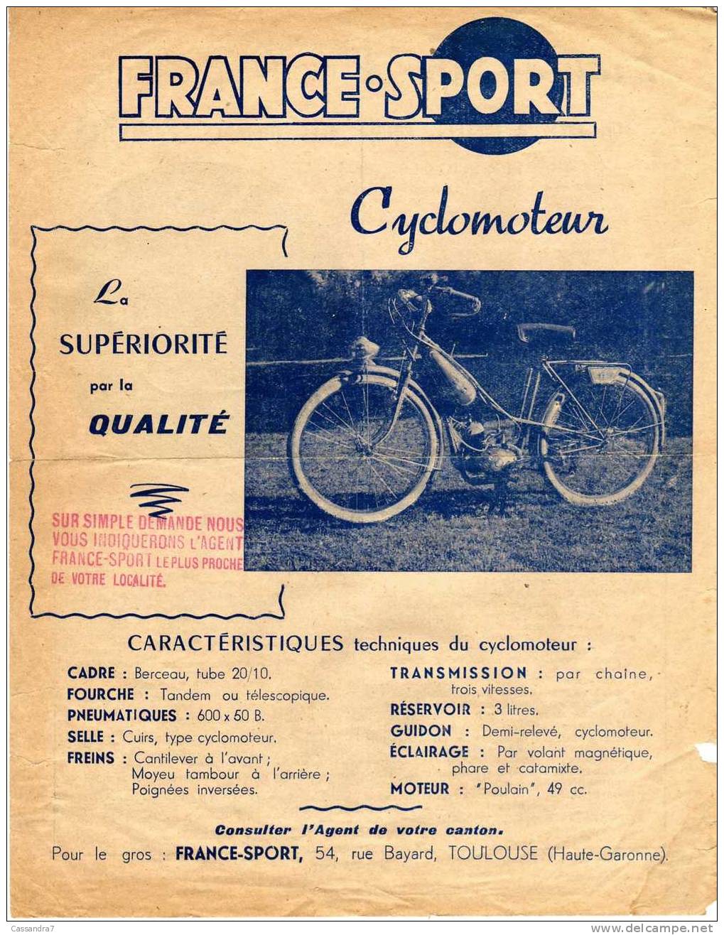 Cyclomoteur  -  France-Sport -  Rue  Bayard  Toulouse  -  Moteur Poulain - Publicités